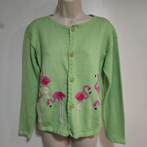 Rey Wear Sweaters - Vintage‎ 90s Rey Wear Size S Green Flamingo Hand Knit Cardigan